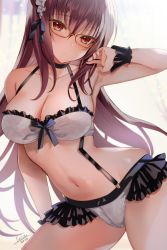 Rule 34 | 1girl, armpits, bare shoulders, bikini, blush, breasts, choker, cleavage, commentary request, fate/grand order, fate (series), frills, glasses, hair between eyes, halterneck, hand up, highres, large breasts, long hair, looking at viewer, maid, maid bikini, maid headdress, navel, purple hair, red eyes, revision, scathach (fate), seiru (prairie), shiny skin, sidelocks, solo, stomach, swimsuit, thighs, unconventional maid, very long hair, wrist cuffs