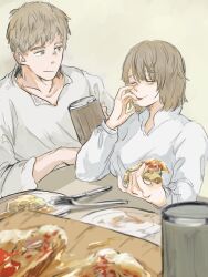 Rule 34 | absurdres, brother and sister, brown hair, closed eyes, collared shirt, cup, dungeon meshi, eating, falin touden, food, highres, holding, holding cup, holding food, holding pizza, laios touden, licking own finger, long sleeves, looking at another, medium hair, pizza, pizza slice, shirt, short hair, siblings, tori (taneco37), white shirt