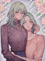 Rule 34 | 2girls, alternate costume, black sweater, blush, breasts, byleth (female) (fire emblem), byleth (fire emblem), closed mouth, fire emblem, fire emblem: three houses, flower, green eyes, green hair, hand in another&#039;s hair, highres, ikarin, jewelry, long hair, long sleeves, looking at viewer, multiple girls, necklace, nintendo, parted lips, pink flower, pink shirt, rhea (fire emblem), shirt, simple background, sweater, turtleneck, turtleneck sweater, yuri