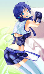 Rule 34 | 1girl, ass, back, blue eyes, blue hair, blush, cyprus, female focus, gender request, genderswap, gloves, kaiko, kaito (vocaloid), looking back, matching hair/eyes, short hair, shorts, solo, thighhighs, vocaloid