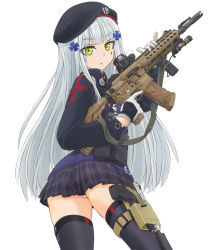 Rule 34 | 1girl, ammunition belt, ammunition pouch, assault rifle, beret, black hat, black jacket, black skirt, blunt bangs, closed mouth, clothes writing, commentary request, cross, emblem, facial mark, from side, frown, girls&#039; frontline, gloves, gun, h&amp;k hk416, hair ornament, handgun, hat, heckler &amp; koch, highres, hk416 (girls&#039; frontline), holding, holster, iron cross, jacket, long sleeves, looking at viewer, looking back, magazine (weapon), md5 mismatch, mikeran (mikelan), miniskirt, panties, pantyshot, parted lips, plaid, plaid skirt, pleated skirt, pouch, print thighhighs, resolution mismatch, rifle, short hair, silver hair, simple background, skindentation, skirt, solo, standing, teardrop, thigh holster, thighhighs, thighs, trigger discipline, underwear, weapon, white background, white gloves, white panties, yellow eyes