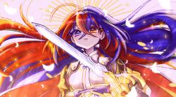 Rule 34 | 1girl, absurdres, alear (female) (fire emblem), alear (fire emblem), blue eyes, fire emblem, fire emblem engage, heterochromia, highres, holding, holding sword, holding weapon, liberation (fire emblem), lunacyhilly, multicolored hair, nintendo, open mouth, red eyes, solo, sword, two-tone hair, upper body, weapon