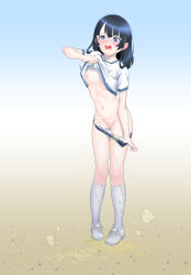 Rule 34 | 1girl, absurdres, arm up, black hair, blue buruma, blue eyes, blush, breasts, buruma, buruma pull, cleft of venus, clothes lift, clothes pull, cross-laced footwear, embarrassed, female focus, female pubic hair, full body, gradient background, highres, kemono hatsukin, kneehighs, legs, lifting own clothes, long hair, navel, nipples, no bra, nose blush, open mouth, original, pee, peeing, peeing self, pubic hair, pulling own clothes, pussy, shirt, shirt lift, shoes, short sleeves, sidelocks, simple background, small breasts, socks, solo, sparse pubic hair, standing, steam, stomach, sweat, tears, thighs, torso flash, two-tone background, uncensored, uneven eyes, wet, wet clothes, wet socks, white footwear, white shirt, white socks