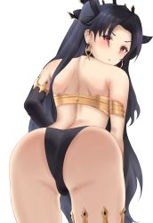 Rule 34 | 1girl, absurdres, ass, back, bare shoulders, black hair, black panties, black ribbon, crimecrime, earrings, fate/grand order, fate (series), hair ribbon, highres, ishtar (fate), jewelry, long hair, looking at viewer, panties, red eyes, ribbon, shiny skin, simple background, solo, twintails, underwear, white background