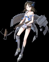 Rule 34 | 1girl, bare shoulders, bike shorts, blue eyes, blue neckerchief, boots, bowgun, breasts, broken, broken weapon, brown hair, cleavage, dress, full body, gloves, hair ornament, holding, holding weapon, kazune (baumkuchen), looking at viewer, medium breasts, mihara (oshiro project), neckerchief, one eye closed, oshiro project:re, oshiro project:re, pleated skirt, sailor dress, shorts, shorts under skirt, skirt, sleeveless, solo, thigh boots, thighhighs, torn bike shorts, torn boots, torn clothes, torn thighhighs, transparent background, weapon