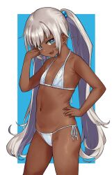 Rule 34 | 1girl, absurdres, bad id, bad twitter id, bare arms, bare legs, bare shoulders, bikini, blue eyes, blush, commentary request, dark-skinned female, dark skin, fang, flat chest, grey hair, groin, hai ookami, hair bobbles, hair ornament, hand on own hip, highres, long hair, looking at viewer, navel, open mouth, original, petite, side-tie bikini bottom, simple background, smile, solo, stomach, string bikini, swimsuit, twintails, very long hair, white bikini, white hair