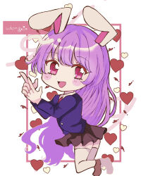 Rule 34 | 151moneco, 1girl, animal ears, black skirt, blazer, blush, brown footwear, chibi, collared shirt, commentary request, full body, heart, highres, jacket, long hair, long sleeves, looking at viewer, necktie, open mouth, pleated skirt, purple hair, purple jacket, rabbit ears, red eyes, red necktie, reisen udongein inaba, shirt, shoes, skirt, smile, solo, thighhighs, touhou, white shirt, white thighhighs