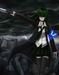 Rule 34 | 1girl, black thighhighs, bug, butterfly, character request, cloud, coat, cross, dark, female focus, grave, green hair, highres, insect, long sleeves, necktie, original, outdoors, outstretched arm, outstretched hand, red eyes, ruins, school uniform, short hair, shou mai, sky, smirk, solo, sword, thighhighs, weapon, zettai ryouiki