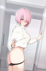 Rule 34 | 1girl, alternate costume, ass, black panties, breasts, closed mouth, condom, condom wrapper, covered erect nipples, cowboy shot, fate/grand order, fate (series), flat ass, hair over one eye, highres, holding, indoors, long sleeves, mash kyrielight, medium breasts, mitsudoue, panties, panty pull, pink hair, purple eyes, short hair, smile, solo, standing, striped clothes, striped sweater, sweater, underwear, vertical stripes, white sweater