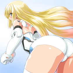 Rule 34 | 10s, 1girl, arnval, ass, back, bad id, bad pixiv id, bare shoulders, bent over, blonde hair, blue eyes, blue hair, blush, busou shinki, clenched hand, cowboy shot, dd (ijigendd), doll joints, elbow gloves, eyes visible through hair, from below, from side, gloves, gradient background, gradient hair, joints, leotard, long hair, looking at viewer, looking back, matching hair/eyes, multicolored hair, olbern, parted lips, pink hair, profile, solo, thighhighs, thighs, very long hair, white gloves, white thighhighs