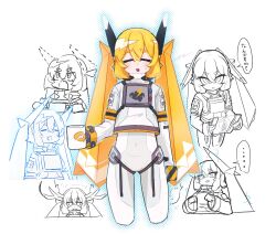 Rule 34 | ..., 1girl, :d, blonde hair, closed eyes, commentary request, covered navel, cup, dotted line, facing viewer, fang, grey jacket, hair between eyes, headgear, highres, holding, holding cup, ine 2, jacket, jumpsuit, long hair, long sleeves, mochibe (ine 2), mug, multiple views, open mouth, original, short eyebrows, smile, spoken ellipsis, sweat, thick eyebrows, translation request, twintails, v-shaped eyebrows, very long hair, wavy mouth, white background, white jumpsuit