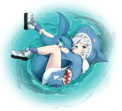 Rule 34 | 1girl, animal, animal hood, blue hair, blue hoodie, blue socks, closed mouth, commentary request, fins, fish tail, full body, gawr gura, gawr gura (1st costume), green eyes, hololive, hololive english, hood, hood down, hoodie, hugging own tail, hugging tail, long sleeves, looking at viewer, lying, multicolored hair, noa (nagareboshi), on side, ripples, shark, shark hood, shark tail, shoes, smile, socks, solo, streaked hair, tail, virtual youtuber, water, white footwear