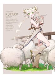 Rule 34 | 1girl, absurdres, belt, belt pouch, blonde hair, blush, detached leggings, earrings, elf, english text, fence, flute, full body, grass, green eyes, highres, instrument, jewelry, long hair, midriff, nemoto yuuma, original, pointy ears, pouch, sheep, standing, standing on one leg, twintails