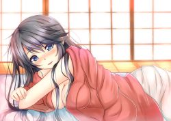 Rule 34 | 10s, 1girl, bad id, bad pixiv id, black hair, blue eyes, blush, breasts, cleavage, crossed arms, houshou (kancolle), indoors, japanese clothes, kantai collection, kimono, long hair, looking at viewer, looking to the side, lying, messy hair, on side, open clothes, open kimono, parted lips, ponytail, sazamiso rx, smile, solo