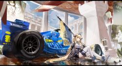 Rule 34 | 1girl, absurdly long hair, arknights, banner, bare shoulders, battle standard, black gloves, black skirt, blonde hair, blue eyes, blue hairband, breasts, car, commentary, dragon horns, dragon tail, earrings, elbow gloves, fingerless gloves, flag, formula racer, full body, gloves, hair spread out, hairband, high-waist skirt, highres, holding, holding flag, horns, indoors, jewelry, knee up, large breasts, long hair, looking at viewer, matsuura kagami, mixed-language commentary, motor vehicle, pointy ears, race vehicle, racecar, reflective floor, renault r25, saileach (arknights), shirt, sitting, skirt, solo, tail, thighhighs, very long hair, war flag, white shirt, white thighhighs
