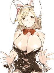 Rule 34 | 1girl, alternate breast size, animal ears, bare shoulders, black dress, black skirt, blonde hair, blush, bow, bowtie, breasts, brown eyes, cleavage, covered navel, djeeta (granblue fantasy), dress, fake animal ears, gorirago, granblue fantasy, highres, large breasts, leotard, looking at viewer, playboy bunny, rabbit ears, red bow, red bowtie, short hair, simple background, sketch, skirt, sleeveless, smile, solo, strapless, white background, wrist cuffs