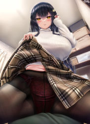 Rule 34 | 1girl, black hair, black pantyhose, blush, breasts, brown skirt, clothes lift, commentary request, from below, hair ornament, highres, indoors, large breasts, long sleeves, looking at viewer, navel, original, panties, pantyhose, parted lips, plaid, plaid skirt, red panties, skirt, skirt lift, solo, sweater, sweater tucked in, underwear, unohana pochiko, white sweater, yellow eyes
