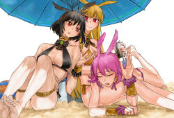 3girls barefoot bikini black_hair black_wings blonde_hair breasts choker closed_eyes cross drink fate/grand_order fate_(series) feet feet_out_of_frame hair_between_eyes head_wings highres hildr_(fate) holding holding_drink jewelry kamisato_sora knees_up large_breasts legs long_hair multiple_girls open_mouth ortlinde_(fate) pink_hair pink_wings red_eyes side-tie_bikini_bottom sling_bikini_top smile soles speech_bubble sweat swimsuit thighlet thrud_(fate) toenails toes valkyrie_(fate) wings wrist_cuffs yellow_wings