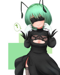 Rule 34 | 1girl, antennae, black skirt, black thighhighs, blindfold, blush, bodice, breasts, cleavage cutout, clothing cutout, commentary request, cosplay, crop top, gloves, green hair, high-waist skirt, juliet sleeves, long sleeves, medium breasts, nier (series), nier:automata, puffy sleeves, side slit, skirt, smile, solo, thighhighs, touhou, white gloves, wriggle nightbug, yocchi (tenyunkel), 2b (nier:automata), 2b (nier:automata) (cosplay)