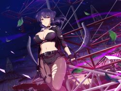 1girl architecture breasts choker cleavage crane_(machine) crop_top east_asian_architecture fingerless_gloves glasses gloves holding holding_weapon kunai large_breasts leaf midriff mole mole_on_breast navel night night_sky non-web_source official_art pantyhose petals purple_hair red_eyes rin_(senran_kagura) senran_kagura senran_kagura_new_link sky smile star_(sky) starry_sky torn_clothes torn_pantyhose weapon yaegashi_nan