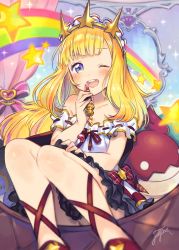 Rule 34 | 10s, 1girl, ;d, ankle lace-up, applying makeup, bare shoulders, black skirt, blonde hair, blouse, blunt bangs, bow, cagliostro (granblue fantasy), cosmetics, cross-laced footwear, fuji fujino, granblue fantasy, hairband, heart, knees together feet apart, lipstick, lipstick tube, long hair, looking at viewer, makeup, off shoulder, one eye closed, open mouth, purple eyes, rainbow, red footwear, ribbon trim, round teeth, shirt, shoes, signature, sitting, skirt, smile, solo, sparkle, star (symbol), teeth, white shirt