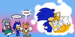 Rule 34 | 1girl, 2boys, age difference, blue fur, commentary, english commentary, english text, furry, furry male, gloves, hyrulepirate, male focus, multiple boys, onii-shota, simple background, sonic (series), sonic dream team, sonic the hedgehog, speech bubble, tails (sonic), yaoi
