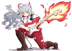 Rule 34 | 1girl, bow, bright pupils, brown footwear, closed mouth, commentary, fire, fujiwara no mokou, full body, hair bow, holding, holding instrument, instrument, looking at viewer, music, pants, playing instrument, red eyes, red pants, sakamoto fred, simple background, solo, touhou, white background, white bow, white pupils