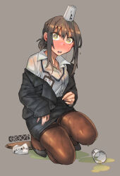 Rule 34 | 1girl, artist logo, artist name, black coat, black footwear, black hair, blush, brown pantyhose, buttons, coat, collared shirt, cup, ergot, fubuki (kancolle), green eyes, grey background, high heels, highres, jewelry, kantai collection, long sleeves, open mouth, pantyhose, ring, shirt, short hair, short ponytail, simple background, solo, spill, tea, wedding ring, white shirt