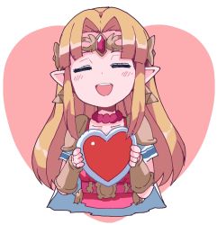 Rule 34 | 1girl, armor, belt, blonde hair, blush stickers, box, bracer, cape, closed eyes, commentary request, cropped torso, earrings, facing viewer, gem, gift, gift box, hair intakes, heart, heart-shaped box, highres, holding, holding gift, jewelry, long hair, necklace, nintendo, open mouth, pauldrons, pink belt, pointy ears, princess zelda, round teeth, short sleeves, shoulder armor, sidelocks, solo, super smash bros., tabard, teeth, the legend of zelda, the legend of zelda: a link between worlds, tiara, triforce, valentine, white cape, yokoyoko (nazonazo)