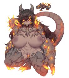 Rule 34 | 1girl, animal, armor, black hair, black sclera, breasts, breasts apart, claws, colored sclera, colored skin, commentary, drakomire (terraria), english commentary, extra eyes, glowing, glowing eyes, grey skin, hair between eyes, highres, horns, huge breasts, humanization, long hair, looking at viewer, navel, nipples, nyong nyong, orange eyes, pixel art, pussy, pussy juice, reference inset, scales, scar, scar on face, scar on nose, simple background, squatting, tail, terraria, very long hair, white background