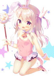 Rule 34 | 1girl, :d, adapted costume, animal ears, ascot, bare shoulders, blush, breasts, brown ascot, collar, commentary request, covered navel, detached collar, fake animal ears, fate/kaleid liner prisma illya, fate (series), feather hair ornament, feathers, fishnet pantyhose, fishnets, full body, hair between eyes, hair ornament, hairband, holding, holding wand, illyasviel von einzbern, leotard, light brown hair, long hair, looking at viewer, magical ruby, open mouth, pantyhose, pink footwear, pink hairband, pink leotard, prisma illya, rabbit ears, red eyes, shoes, small breasts, smile, solo, star (symbol), two side up, very long hair, wand, white background, white collar, white feathers, wrist cuffs, yuizaki kazuya