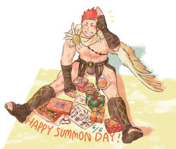 Rule 34 | 1boy, bandaged arm, bandages, bara, bare pectorals, birthday, boots, box, box of chocolates, candy, closed eyes, drawing (object), food, full body, gift, gift box, greco-roman clothes, grin, happy birthday, knee boots, lollipop, male focus, male underwear, muscular, muscular male, notice lines, pectorals, pollux (housamo), red hair, salute, shadow, short hair, single wing, sitting, smile, solo, star (symbol), toeless footwear, tokyo houkago summoners, tsuna (so da77), underwear, wings