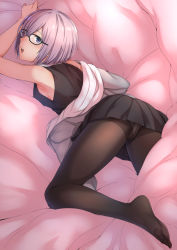 Rule 34 | 1girl, armpits, bad id, bad pixiv id, black pantyhose, breasts, fate/grand order, fate (series), feet, glasses, highres, kyuuso inukami, mash kyrielight, miniskirt, panties, panties under pantyhose, pantyhose, purple eyes, purple hair, short hair, skirt, solo, tank top, thighband pantyhose, toes, underwear, white panties