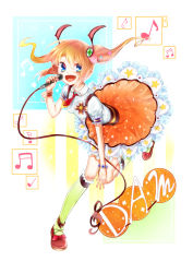 Rule 34 | 1girl, amatou cacao, anklet, blue eyes, bow, bracelet, dancing, dress, footwear bow, frilled dress, frills, green socks, hair ornament, happy, highres, jewelry, kneehighs, kuromitsu roa, light brown hair, long hair, looking at viewer, microphone, music, musical note, necktie, open mouth, original, puffy sleeves, red footwear, red necktie, shoes, singing, smile, socks, solo, star (symbol), twintails
