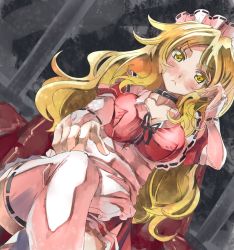 Rule 34 | &gt;:&lt;, 1girl, :&lt;, blonde hair, bridal gauntlets, closed mouth, collar, crossed legs, dutch angle, female focus, hat, long hair, looking at viewer, sitting, solo, thighhighs, touhou, touhou (pc-98), v-shaped eyebrows, white thighhighs, yellow eyes, yohane, yumeko (touhou)
