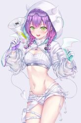 Rule 34 | 1girl, absurdres, blush, breasts, colored inner hair, crop top, cropped jacket, demon girl, demon tail, demon wings, ear piercing, gloves, green eyes, highres, holding, holding megaphone, hololive, jacket, long hair, long sleeves, looking at viewer, megaphone, midriff, multicolored hair, navel, navel piercing, official alternate costume, open mouth, piercing, pink hair, purple hair, shirt, small breasts, streaked hair, tail, tail ornament, tail piercing, takahashi (34103098), tokoyami towa, tokoyami towa (5th costume), virtual youtuber, white gloves, white jacket, white shirt, wings
