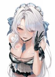 Rule 34 | 1girl, between breasts, black gloves, breasts, cleavage, collar, gloves, highres, large breasts, lipstick mark, lipstick mark on breast, long hair, looking at viewer, maid, maid headdress, meraring, original, purple eyes, smile, unconventional maid, white background, white hair