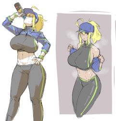 Rule 34 | 1girl, ahoge, airpods, artoria pendragon (fate), black pants, black sports bra, blonde hair, bottle, breasts, cropped legs, drinking, earphones, eu03, fate/grand order, fate (series), hair through headwear, hand on own hip, hot, huge ahoge, huge breasts, long hair, multiple views, mysterious heroine x (fate), mysterious heroine xx (fate), navel, pants, ponytail, shrug (clothing), sidelocks, sketch, solo, sports bra, sweat, sweatband, thick thighs, thighs, undressing, water bottle, wireless earphones, wristband, yoga pants