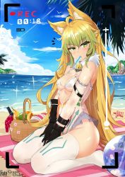 Rule 34 | 1girl, ahoge, animal ears, atalanta (fate), bad id, bad pixiv id, bell, bikini, bikini under clothes, blonde hair, blush, breasts, cat ears, cat tail, cleavage, collar, detached sleeves, fate/apocrypha, fate/grand order, fate (series), food, gloves, green eyes, green hair, highres, innertube, looking at viewer, mouth hold, multicolored hair, neck bell, ocean, popsicle, slm, small breasts, solo, swim ring, swimsuit, swimsuit under clothes, tail, thighhighs, white thighhighs