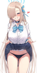 Rule 34 | 1girl, asuna (blue archive), asymmetrical bangs, black panties, blonde hair, blue archive, blue bow, blue bowtie, blue eyes, blush, bow, bowtie, breasts, clothes lift, cowboy shot, gluteal fold, hair over one eye, halo, heart, highres, kamuchin soda, large breasts, lifted by self, long hair, looking at viewer, panties, skirt, skirt lift, smile, solo, standing, thigh gap, thighs, underwear, uniform, very long hair, white background