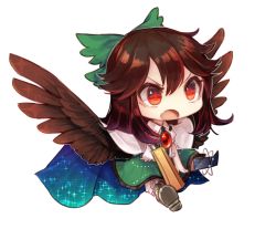 Rule 34 | &gt;:o, 1girl, :o, angry, arm cannon, asymmetrical legwear, black thighhighs, black wings, cape, chibi, fang, full body, hair ornament, hair ribbon, keemoringo, long hair, looking away, mismatched legwear, open mouth, puffy sleeves, red eyes, reiuji utsuho, ribbon, shirt, short sleeves, simple background, sitting, skirt, solo, thighhighs, third eye, touhou, v-shaped eyebrows, weapon, white background, wings