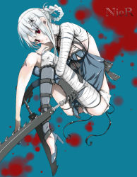 Rule 34 | 1girl, bandages, braid, dual wielding, fantasy, female focus, flower, full body, high heels, holding, kaine (nier), kmikan, lace, lace-trimmed panties, lace trim, hugging own legs, lingerie, long hair, long legs, negligee, nier, nier (series), panties, red eyes, shoes, sitting, solo, sword, thighhighs, underwear, weapon, white hair, white panties