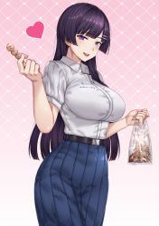 Rule 34 | 1girl, absurdres, bag, belt, black belt, blue skirt, blunt bangs, breasts, collared shirt, commentary, dress shirt, english commentary, food, gradient background, hair ornament, hairclip, hand up, heart, high-waist skirt, highres, holding, holding bag, holding food, large breasts, long hair, long skirt, looking at viewer, mole, mole under mouth, open mouth, original, plastic bag, pleated skirt, purple eyes, purple hair, school uniform, shirt, shirt tucked in, short sleeves, skirt, solo, standing, straight hair, takoyaki, teeth, textless version, upper teeth only, white shirt, yakimi 27