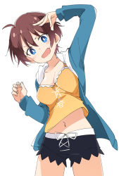 Rule 34 | 1girl, :d, black shorts, blue eyes, blue jacket, blush, breasts, brown hair, cleavage, collarbone, ixy, jacket, looking at viewer, medium breasts, midriff, navel, new game!, open clothes, open jacket, open mouth, shinoda hajime, shorts, simple background, smile, solo, white background