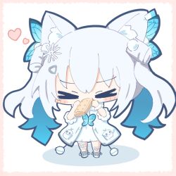 Rule 34 | animal ear fluff, animal ears, blush stickers, butterfly hair ornament, chibi, closed mouth, double bun, dress, eating, fur-trimmed sleeves, fur trim, goddess of victory: nikke, hair bun, hair ornament, jacket, long hair, n102 (miracle fairy) (nikke), n102 (nikke), official alternate costume, pom pom (clothes), scrunchie, short sleeves, short twintails, snowflake hair ornament, twintails, umihio, white dress, white hair, white jacket, wrist scrunchie