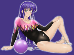 Rule 34 | 1girl, arm support, artist request, athletic leotard, ball, black leotard, blue hair, blush, brown eyes, character request, copyright request, female focus, gradient background, gymnastics, half-soles, legs, leotard, long hair, looking at viewer, lying, non-web source, on side, outline, purple background, purple hair, reclining, rhythmic gymnastics, simple background, solo