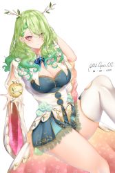 Rule 34 | 02 gao 02, 1girl, absurdres, antlers, apple, asymmetrical hair, asymmetrical legwear, braid, breasts, ceres fauna, cleavage, cleavage cutout, clothing cutout, flower, food, fruit, golden apple, green hair, hair flower, hair ornament, hand in own hair, highres, hololive, hololive english, horns, jewelry, large breasts, long hair, looking at viewer, mole, mole under eye, ribbon, sitting, smile, thighs, virtual youtuber, yellow eyes