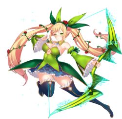 Rule 34 | 1girl, awakening (sennen sensou aigis), blonde hair, boots, bow (weapon), breasts, cleavage, detached collar, detached sleeves, dress, floating hair, flower, frilled skirt, frills, full body, green eyes, hair flower, hair ornament, holding bow (weapon), inayama, large breasts, long hair, official art, plant, pointy ears, sennen sensou aigis, skirt, solo, spica (sennen sensou aigis), thigh boots, thighhighs, transparent background, twintails, vines, weapon