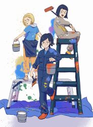 Rule 34 | 3girls, alternate costume, black hair, blonde hair, bucket, closed mouth, commentary request, holding, holding paint roller, holding paintbrush, jumpsuit, kurata tome, ladder, long hair, long sleeves, mezato ichi, mob psycho 100, multiple girls, open mouth, paint, paint roller, paint splatter, paint splatter on face, paintbrush, ponytail, shoes, short hair, simple background, sitting, smile, standing, takane tsubomi, tarpaulin, white background, zakiashes