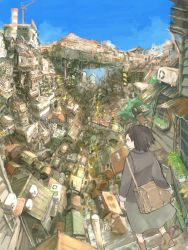Rule 34 | air conditioner, bad id, bad pixiv id, bag, black hair, city, cityscape, construction, hair ornament, hairclip, highres, mo-mo-ride, scenery, short hair, shoulder bag, stairs, valley
